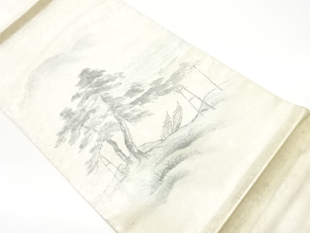 リサイクル　手描き松に船・風景模様袋帯